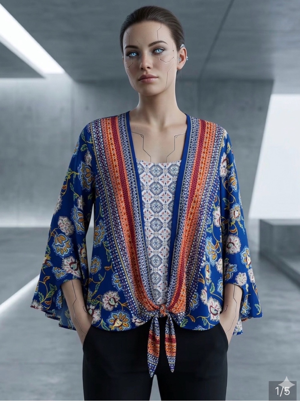 fig and flower Navy Floral Open-Front Blouse with Orange Trim